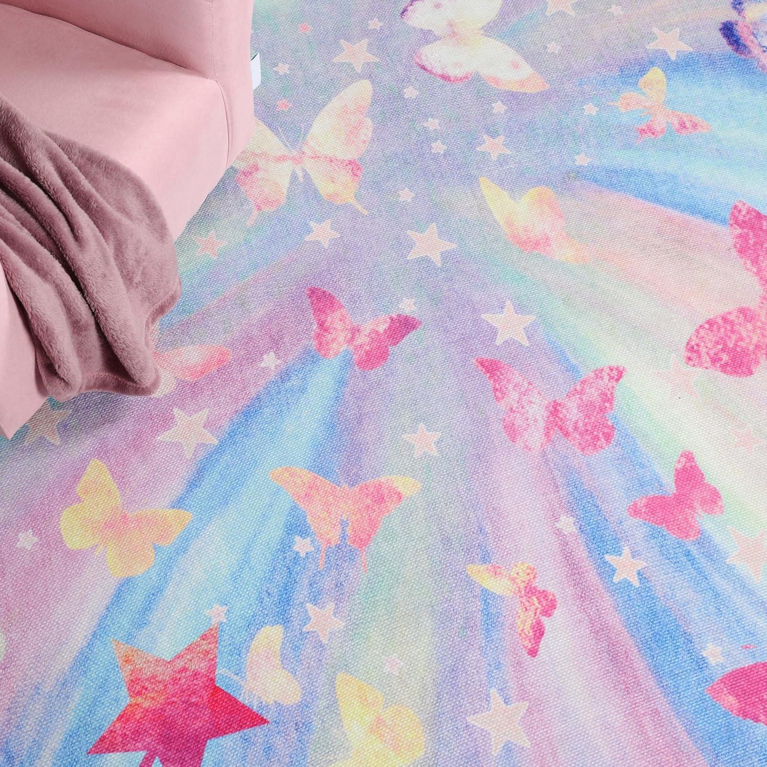 imageSuperior Butterfly Burst NonSlip Indoor Rug for Kids Toddlers ampamp Babies Washable Perfect for Playroom Kids Room Nursery or Bedroom Colorful Butterfly Swirls and Stars 5 x 7 6quot ApricotMagenta