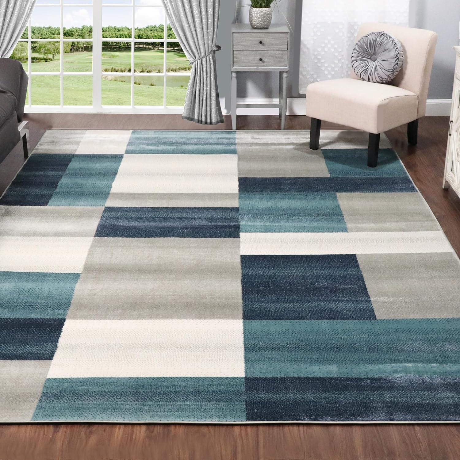 imageSuperior Indoor Area Rug Jute Backing Modern Plush Rugs for Entryway Kitchen Floors Office Floor Cover Color Block Rugs Clifton Collection 4 x 6 BeigeBlueRivulet  Z