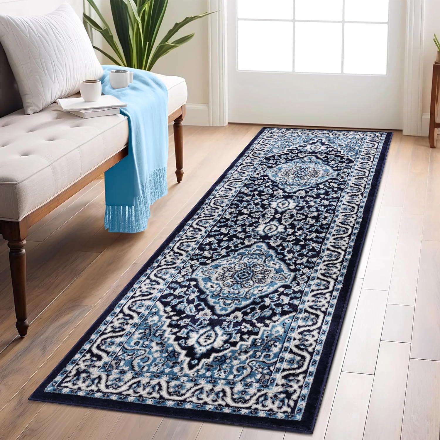 imageSuperior Indoor Area Rug Jute Backing Rugs for Entryway Dining Kitchen Bedroom Floors Traditional Floor Decor Oriental Medallion Indoor Rug Glendale Collection 2 x 3 BrownBlue