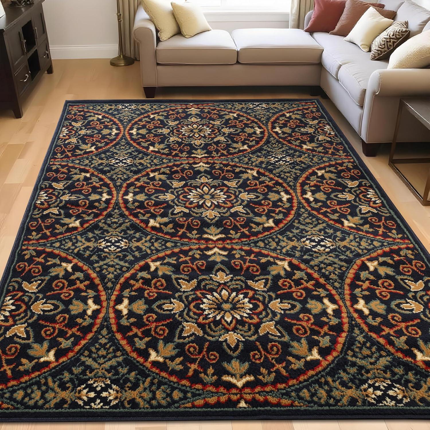 imageSuperior Indoor Area Rug Plush Carpet Cover Vintage Oriental Medallion Ideal for Hallway Entry Living Room Dining Bedroom Office Kitchen Fancy Medallion Collection 5 x 5 Midnight BlueMidnight Blue