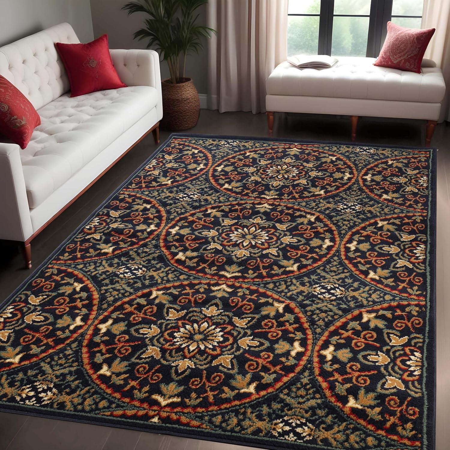 imageSuperior Indoor Area Rug Plush Carpet Cover Vintage Oriental Medallion Ideal for Hallway Entry Living Room Dining Bedroom Office Kitchen Fancy Medallion Collection 5 x 5 Midnight BlueMidnight Blue