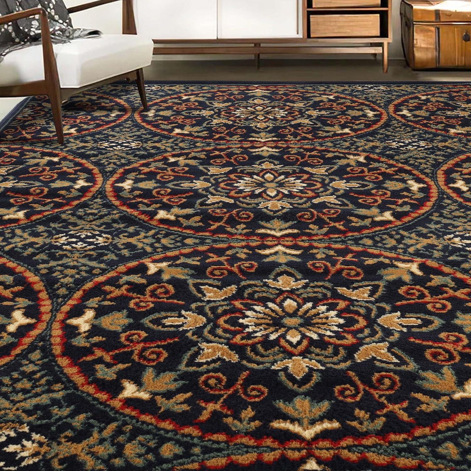 imageSuperior Indoor Area Rug Plush Carpet Cover Vintage Oriental Medallion Ideal for Hallway Entry Living Room Dining Bedroom Office Kitchen Fancy Medallion Collection 5 x 5 Midnight BlueMidnight Blue