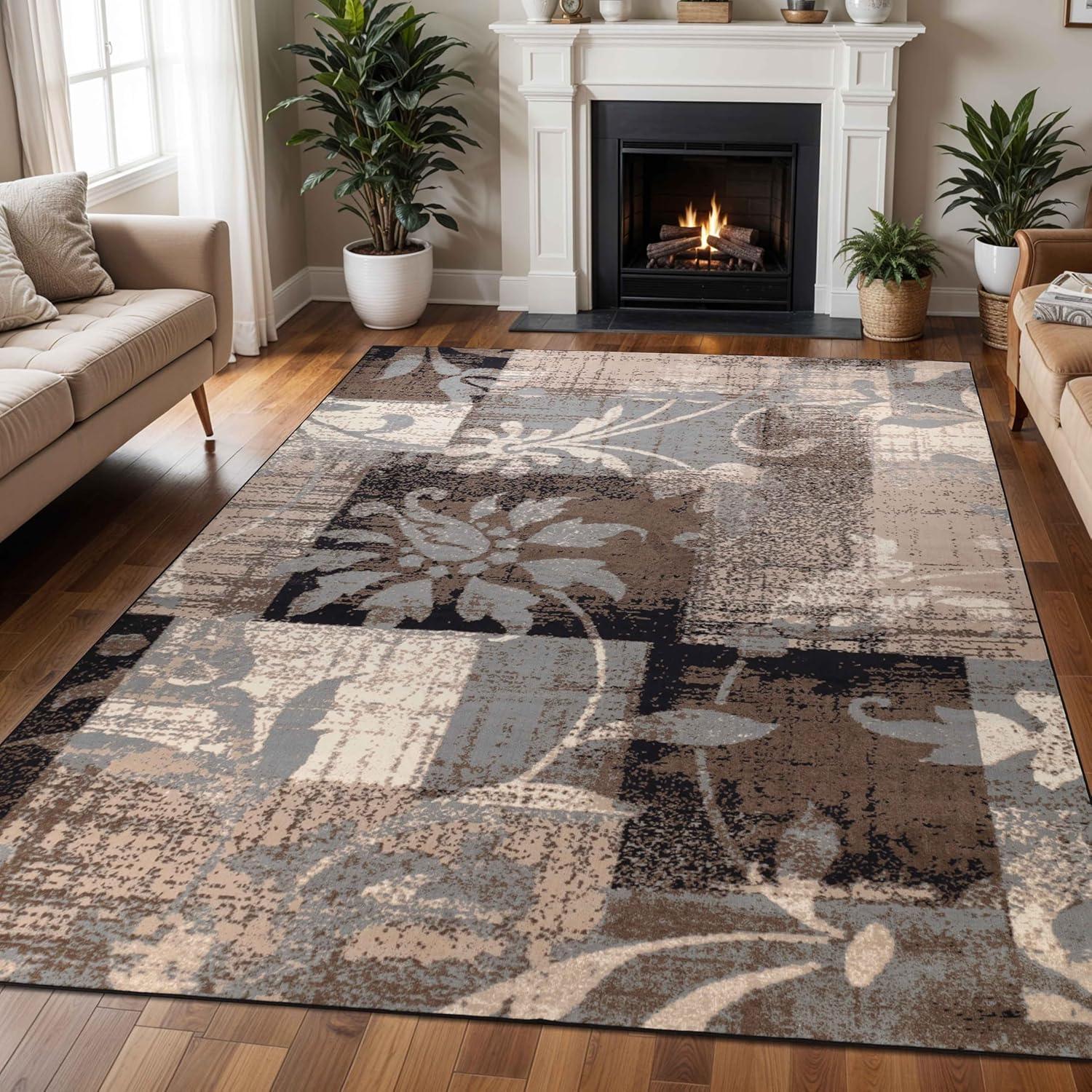 imageSuperior Indoor Area Rug Plush Carpet Cover for Kids or Pets Hallway Entryway Living Room Dining Bedroom Office Kitchen Modern Floral Patchwork Decor Pastiche Collection 12 x 15 BeigeBeige