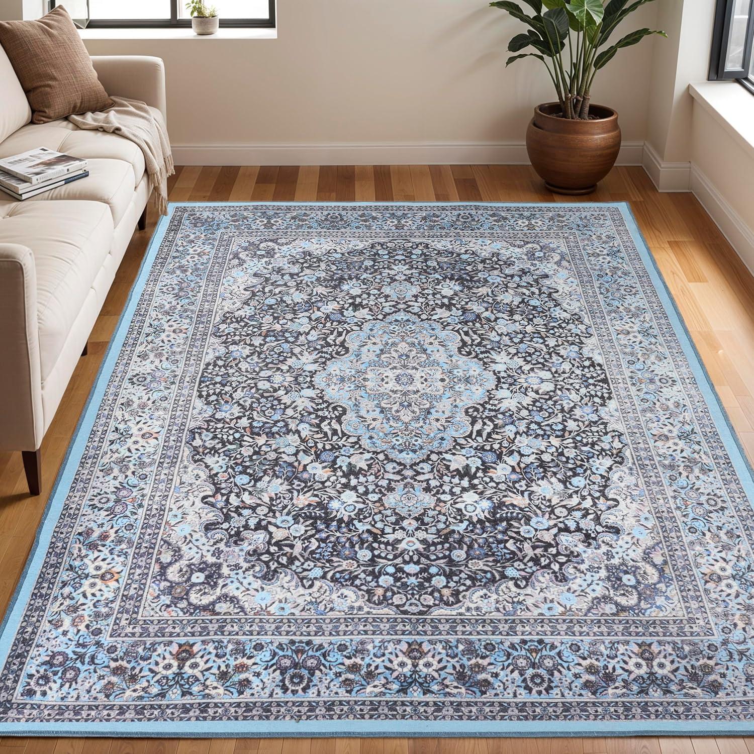 imageSuperior Large Indoor Area Rug Modern Floor Decor for LivingDining Room Kitchen Bedroom Office Entry FlatWeave Floral Medallion Cotton Backing Fiorella Collection 10 x 13 Berry RedLight Blue
