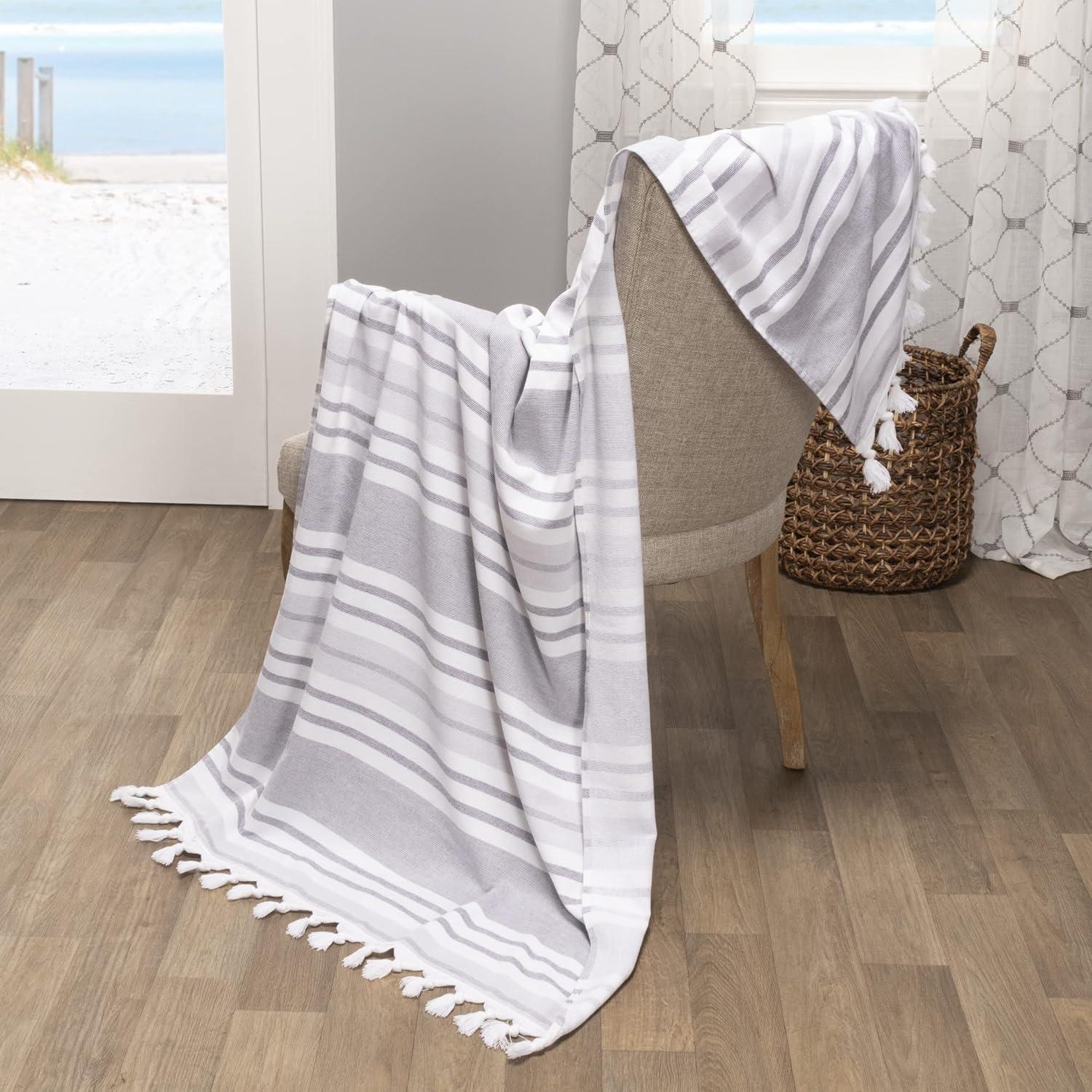 imageSuperior Oversized Cotton Beach Towel for Adults and Kids Quick Drying Towels for Pool Spa Resort Hotel Camping Travel Super Absorbent Striped with Tassels Tropical Cabana Collection BlackGrey
