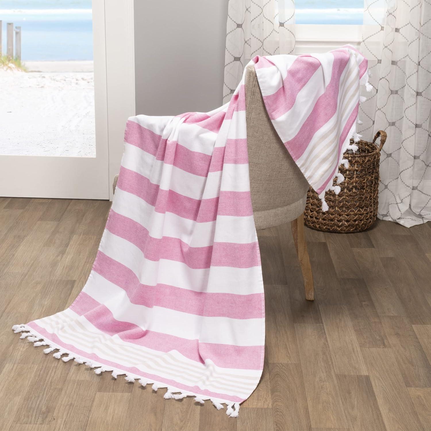 imageSuperior Oversized Cotton Beach Towel for Adults and Kids Quick Drying Towels for Pool Spa Resort Hotel Camping Travel Super Absorbent Striped with Tassels Tropical Cabana Collection BlackCerise