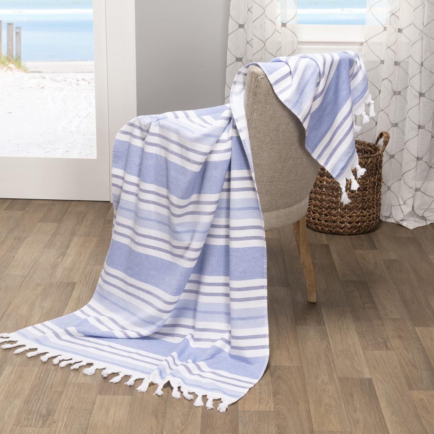 imageSuperior Oversized Cotton Beach Towel for Adults and Kids Quick Drying Towels for Pool Spa Resort Hotel Camping Travel Super Absorbent Striped with Tassels Tropical Cabana Collection BlackRoyal Blue