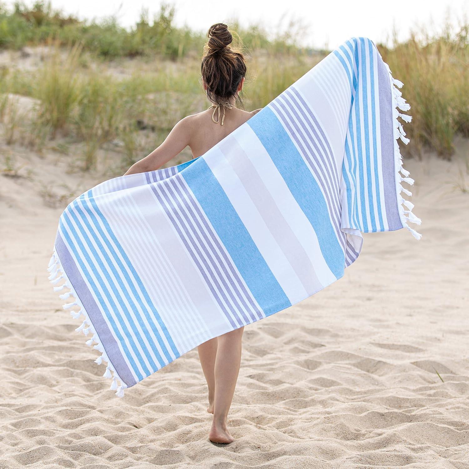 imageSuperior Oversized Cotton Beach Towel for Adults and Kids Quick Drying Towels for Pool Spa Resort Hotel Camping Travel Super Absorbent Striped with Tassels Tropical Cabana Collection BlackSky Blue