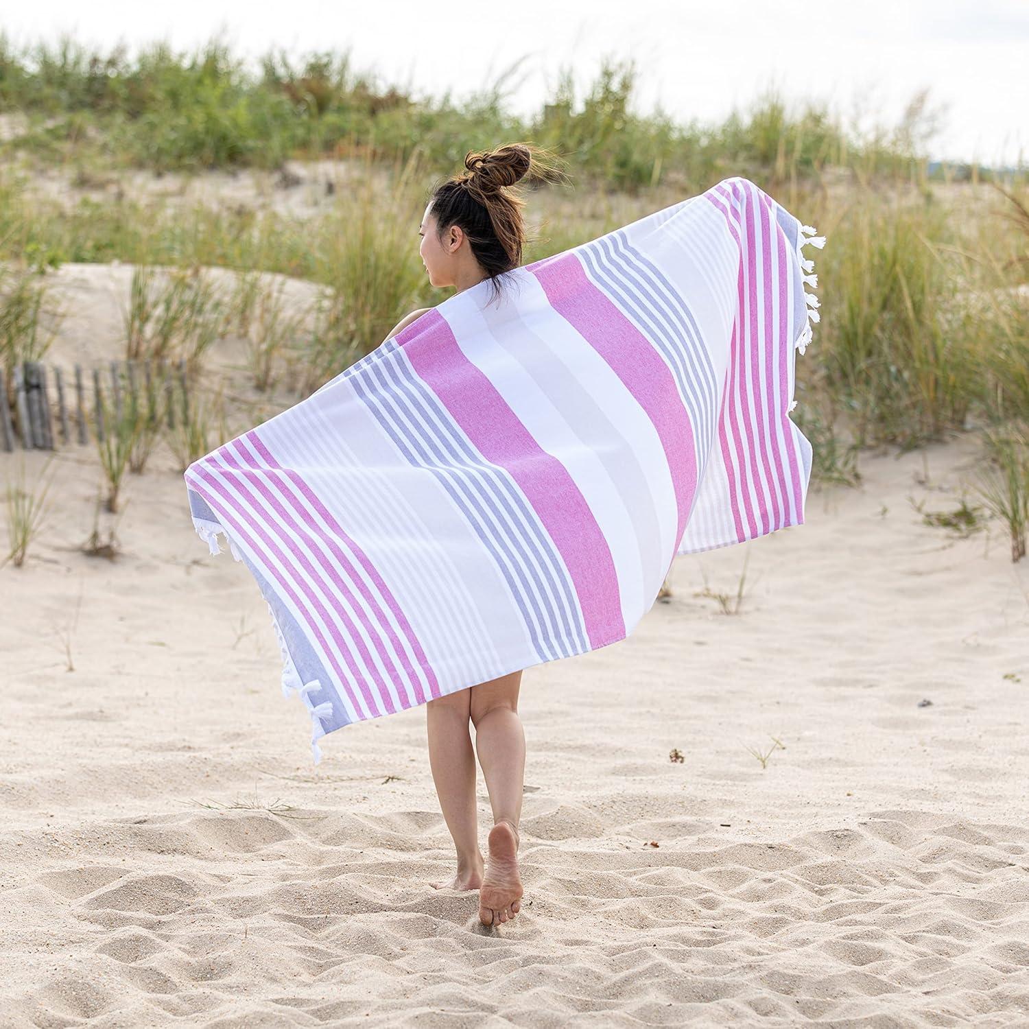 imageSuperior Oversized Cotton Beach Towel for Adults and Kids Quick Drying Towels for Pool Spa Resort Hotel Camping Travel Super Absorbent Striped with Tassels Tropical Cabana Collection BlackFuschia