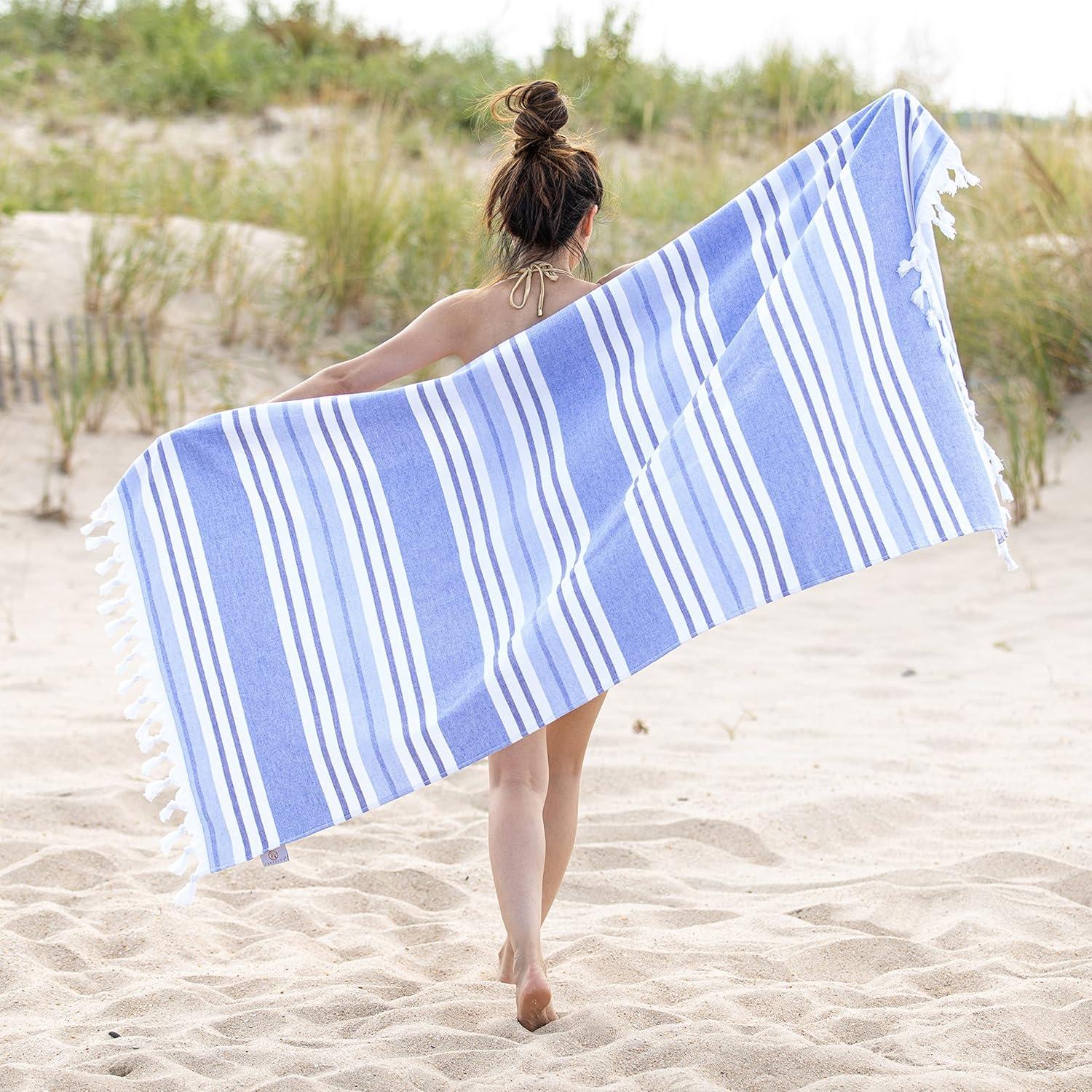 imageSuperior Oversized Cotton Beach Towel for Adults and Kids Quick Drying Towels for Pool Spa Resort Hotel Camping Travel Super Absorbent Striped with Tassels Tropical Cabana Collection BlackRoyal Blue