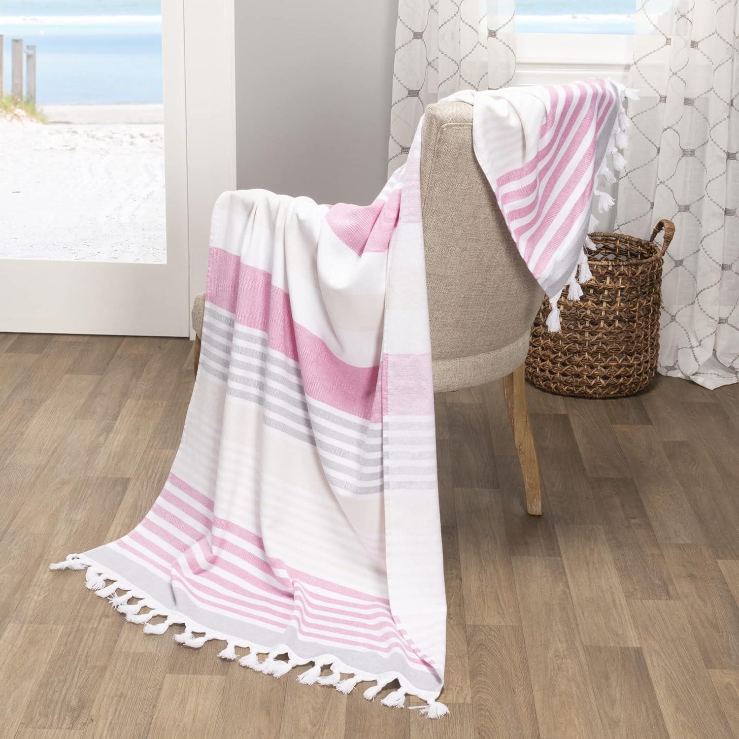 imageSuperior Oversized Cotton Beach Towel for Adults and Kids Quick Drying Towels for Pool Spa Resort Hotel Camping Travel Super Absorbent Striped with Tassels Tropical Cabana Collection BlackFuschia
