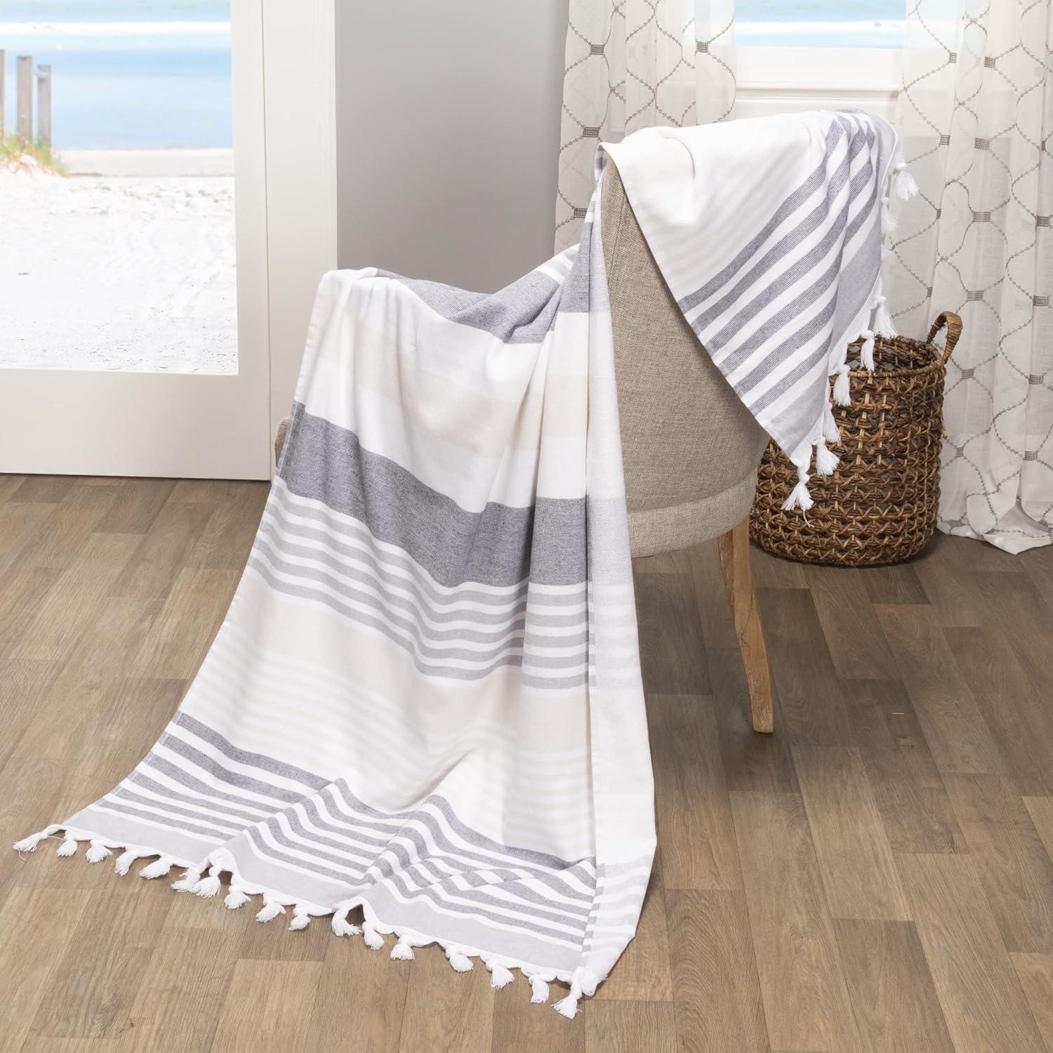 imageSuperior Oversized Cotton Beach Towel for Adults and Kids Quick Drying Towels for Pool Spa Resort Hotel Camping Travel Super Absorbent Striped with Tassels Tropical Cabana Collection BlackBlack