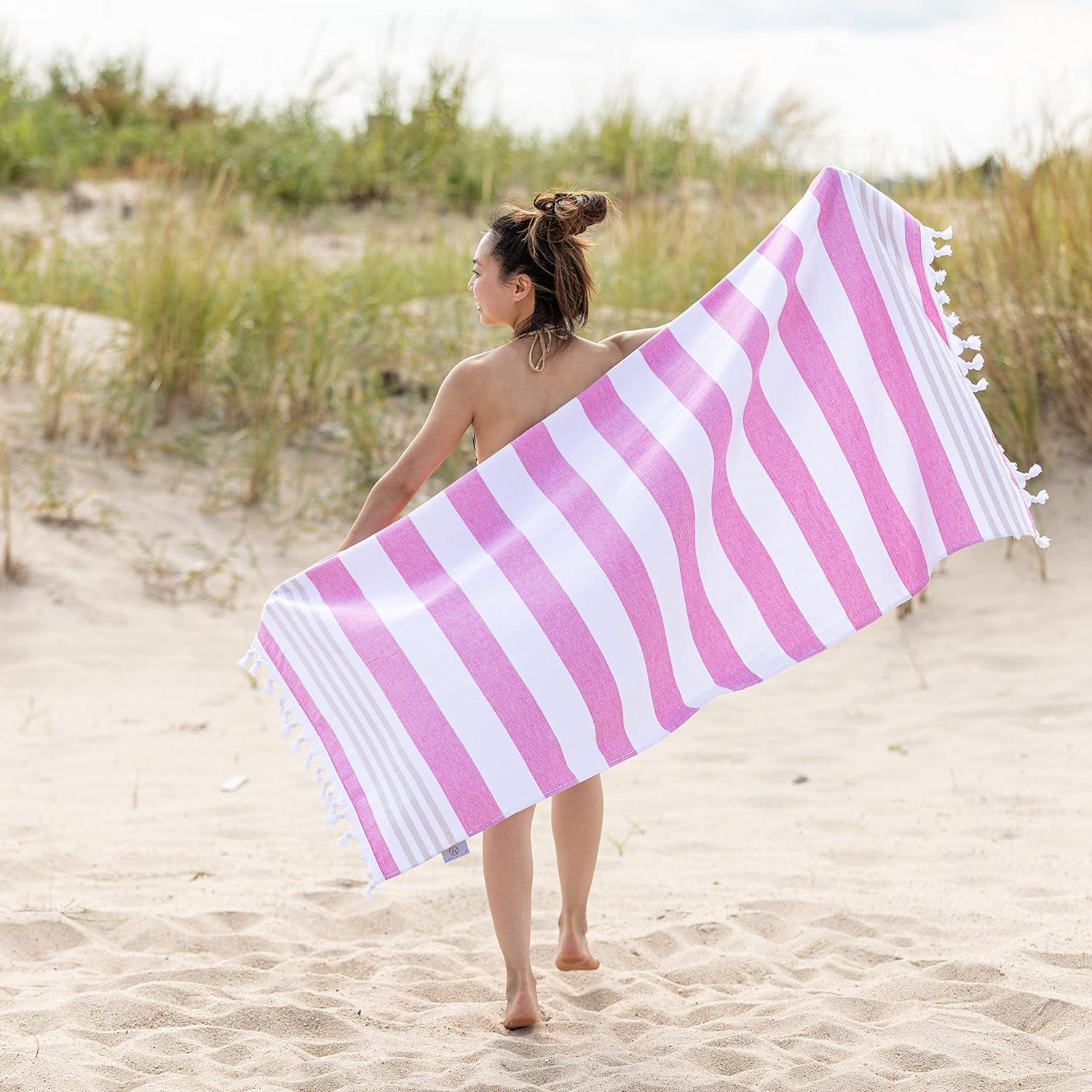 imageSuperior Oversized Cotton Beach Towel for Adults and Kids Quick Drying Towels for Pool Spa Resort Hotel Camping Travel Super Absorbent Striped with Tassels Tropical Cabana Collection BlackCerise