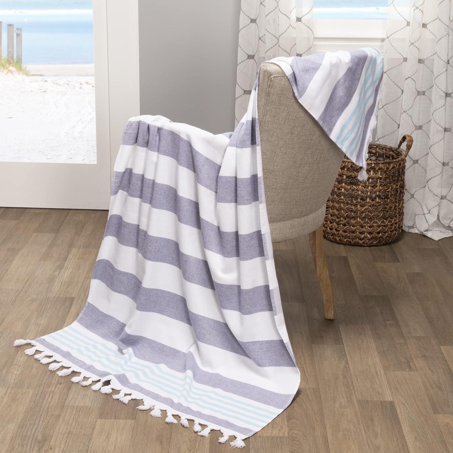 imageSuperior Oversized Cotton Beach Towel for Adults and Kids Quick Drying Towels for Pool Spa Resort Hotel Camping Travel Super Absorbent Striped with Tassels Tropical Cabana Collection BlackDusky Blue