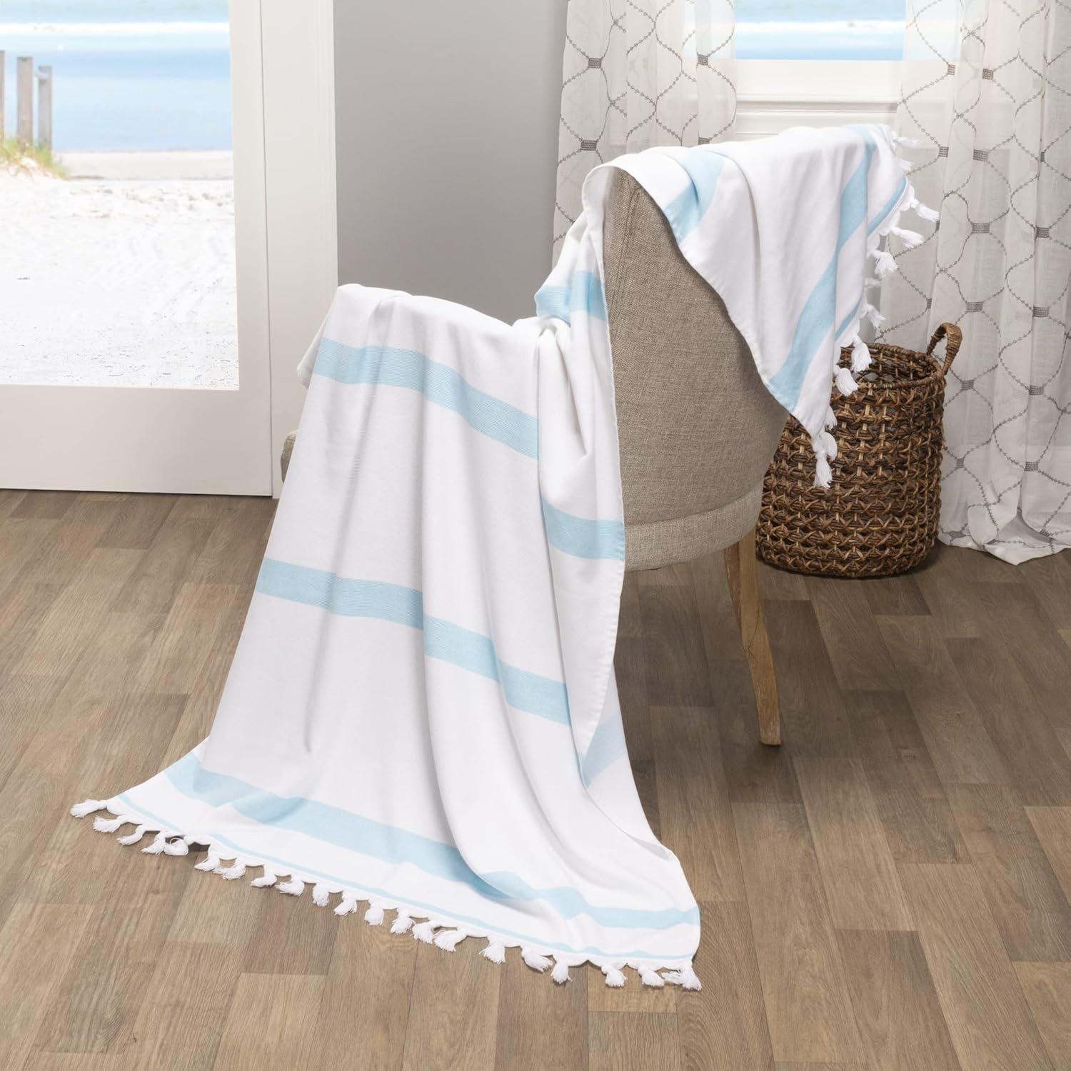 imageSuperior Oversized Cotton Beach Towel for Adults and Kids Quick Drying Towels for Pool Spa Resort Hotel Camping Travel Super Absorbent Striped with Tassels Tropical Cabana Collection BlackCyan