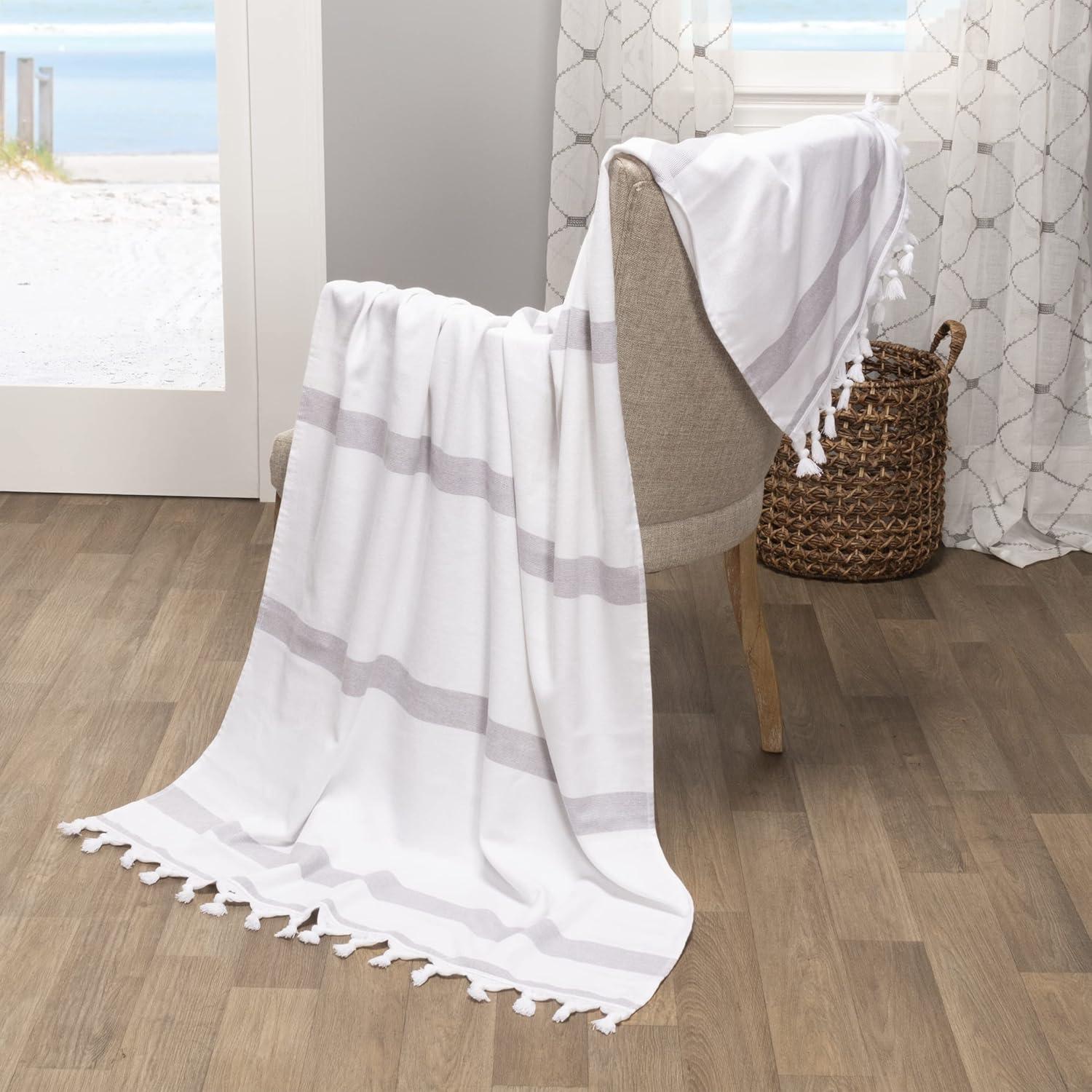 imageSuperior Oversized Cotton Beach Towel for Adults and Kids Quick Drying Towels for Pool Spa Resort Hotel Camping Travel Super Absorbent Striped with Tassels Tropical Cabana Collection BlackTropical Grey
