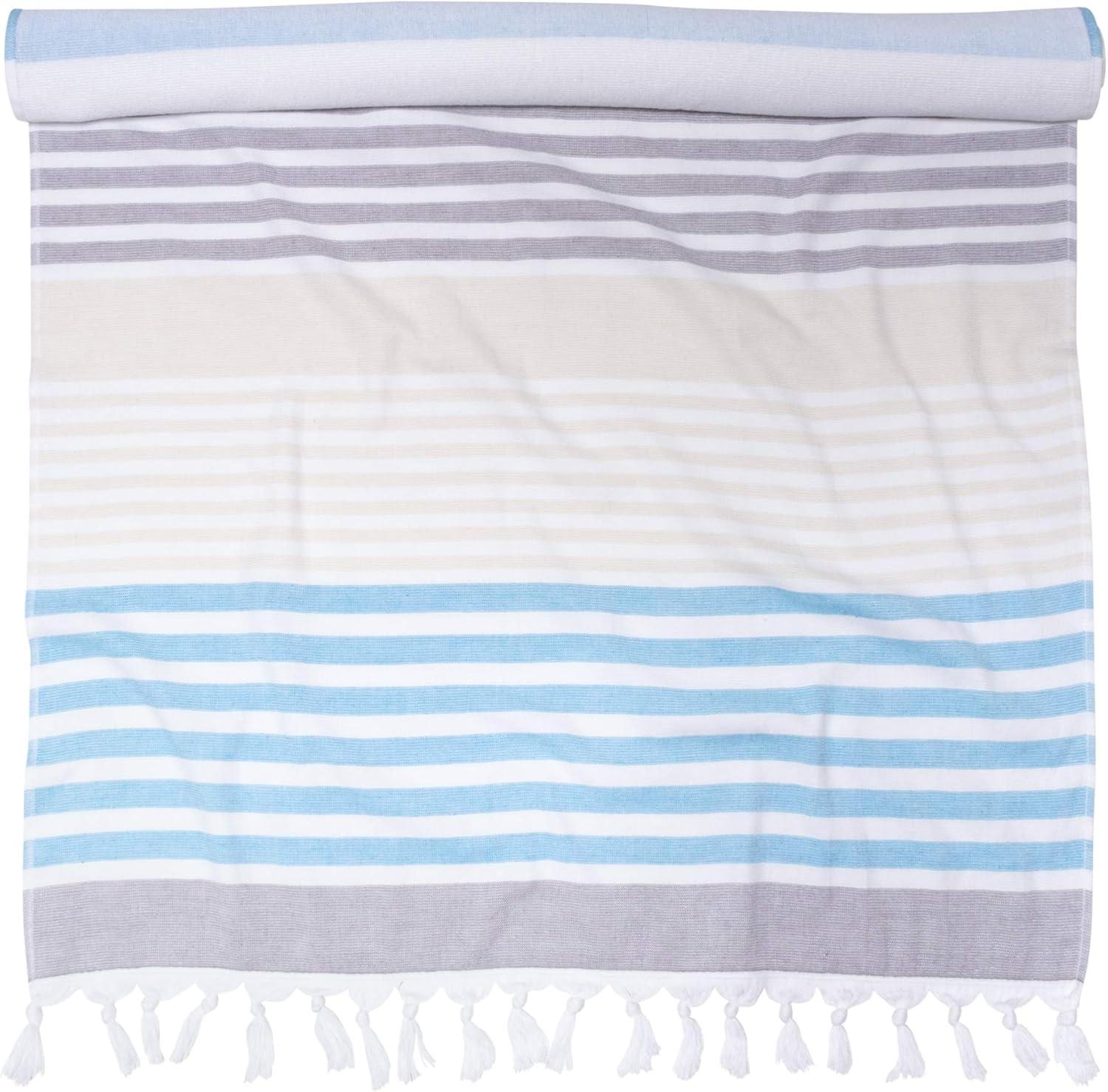 imageSuperior Oversized Cotton Beach Towel for Adults and Kids Quick Drying Towels for Pool Spa Resort Hotel Camping Travel Super Absorbent Striped with Tassels Tropical Cabana Collection BlackSky Blue