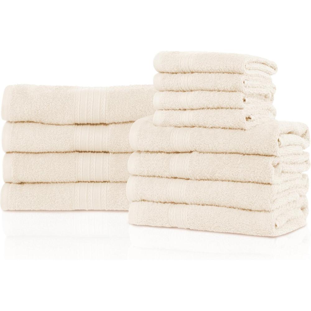 imageSUPERIOR 100 RingSpun Cotton Bathroom Ultra Absorbent Super Soft Attractive Border Aqua Marine EcoFriendly 12Piece Towel SetIvory