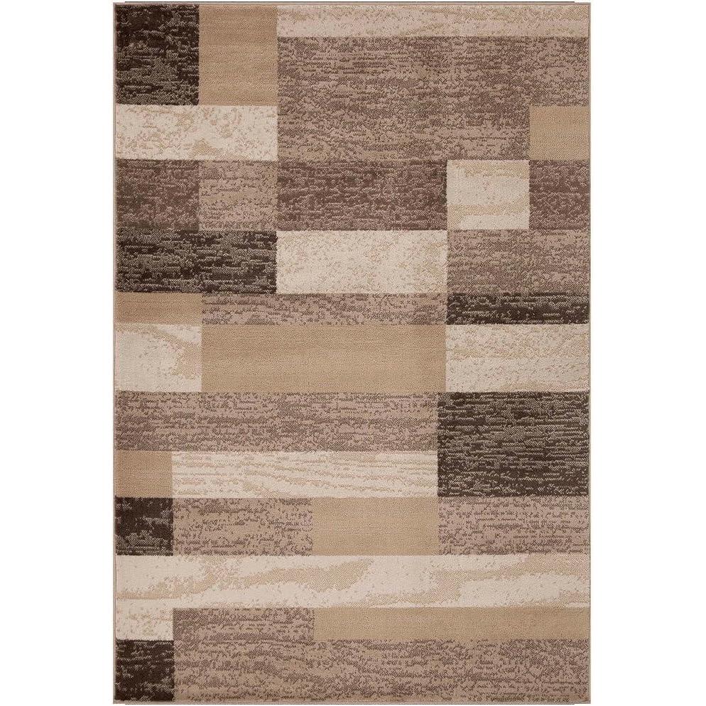 imageSUPERIOR Indoor Area Rug Foam Backed Modern Geometric Patchwork Floor Decor for Bedroom Office Living Room Entryway Hardwood Floors Rockwood Collection 10 x 14 ChocolateBeige