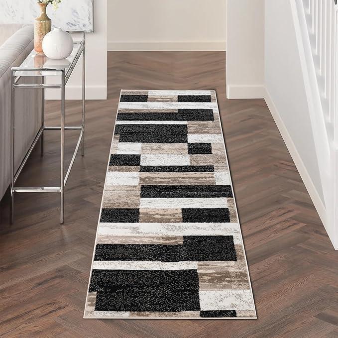 imageSUPERIOR Indoor Area Rug Jute Backed Modern Geometric Patchwork Floor Decor for Bedroom Office Living Room Entryway Hardwood Floors Rockwood Collection 6 x 9 SlateIvorybeige  Z