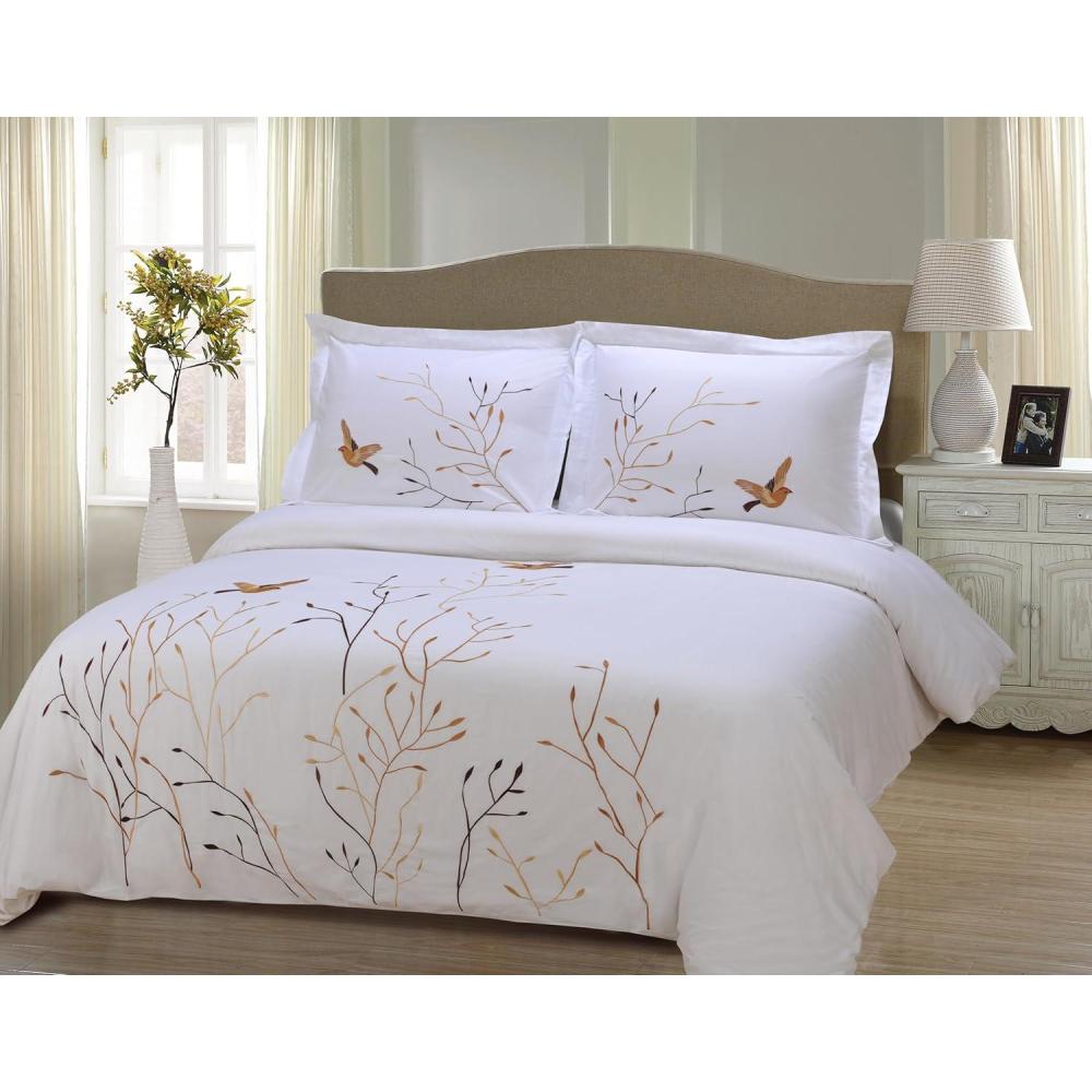 imageSUPERIOR Spring Embroidered Duvet Cover Set LongStaple Cotton FullQueen WhiteBrown Swallow