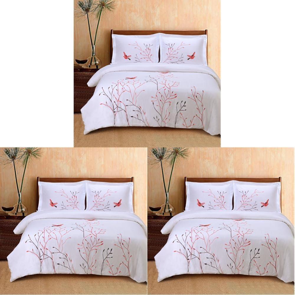 imageSUPERIOR Spring Embroidered Duvet Cover Set LongStaple Cotton FullQueen WhiteRed Swallow