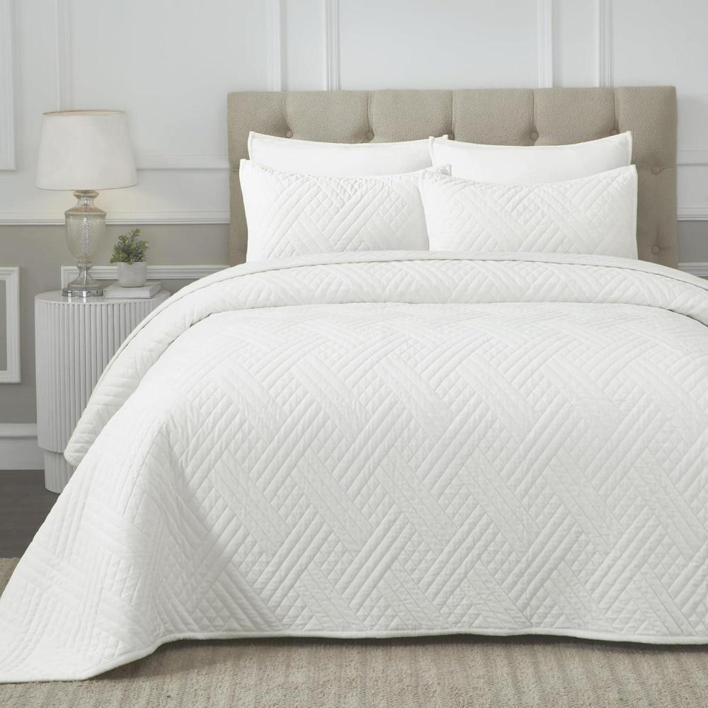 imageSuperior 100 Cotton Velvet Quilt 1 Lightweight Breathable Coverlet Luxury Home Decor Comfy Home Essential Bedding Cotton Fill Geometric Aesthetic Karina Collection Throw Size WhiteWhite