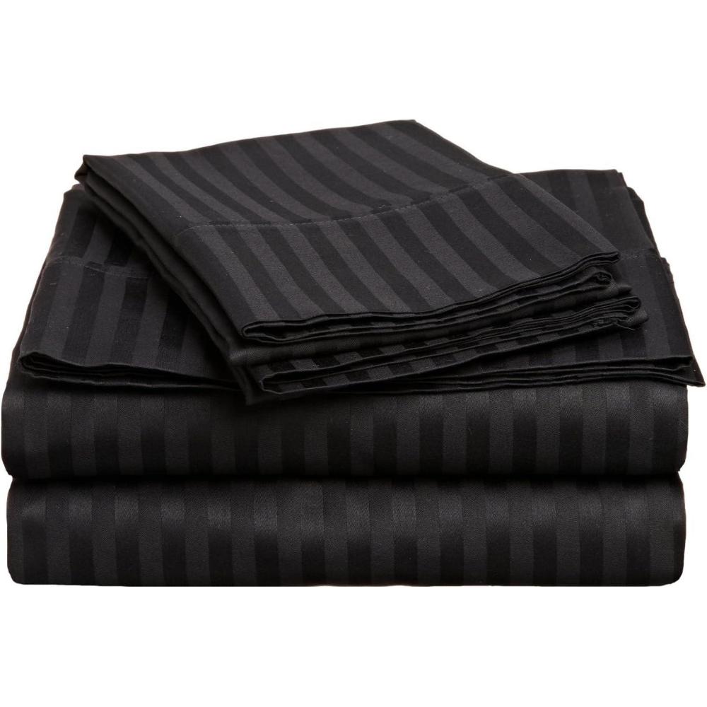 imageSuperior 100 Egyptian Cotton 300 Thread Count Striped Bed Sheet Set 1 Elastic Deep Pocket Fitted Sheet 1 Flat Sheet 2 Pillowcases Soft Bedding Sateen Weave Hunter Green QueenBlack
