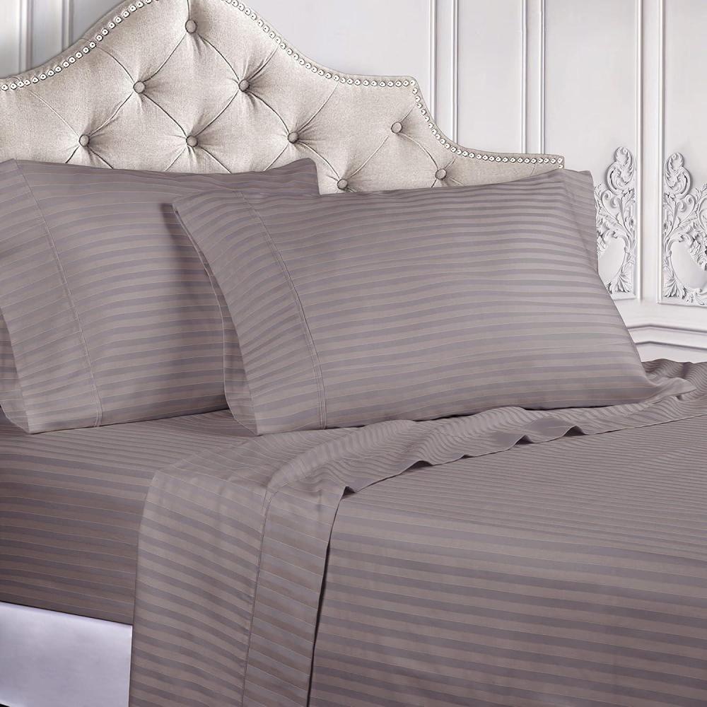 imageSuperior 100 Egyptian Cotton 300 Thread Count Striped Bed Sheet Set 1 Elastic Deep Pocket Fitted Sheet 1 Flat Sheet 2 Pillowcases Soft Bedding Sateen Weave Hunter Green QueenGrey