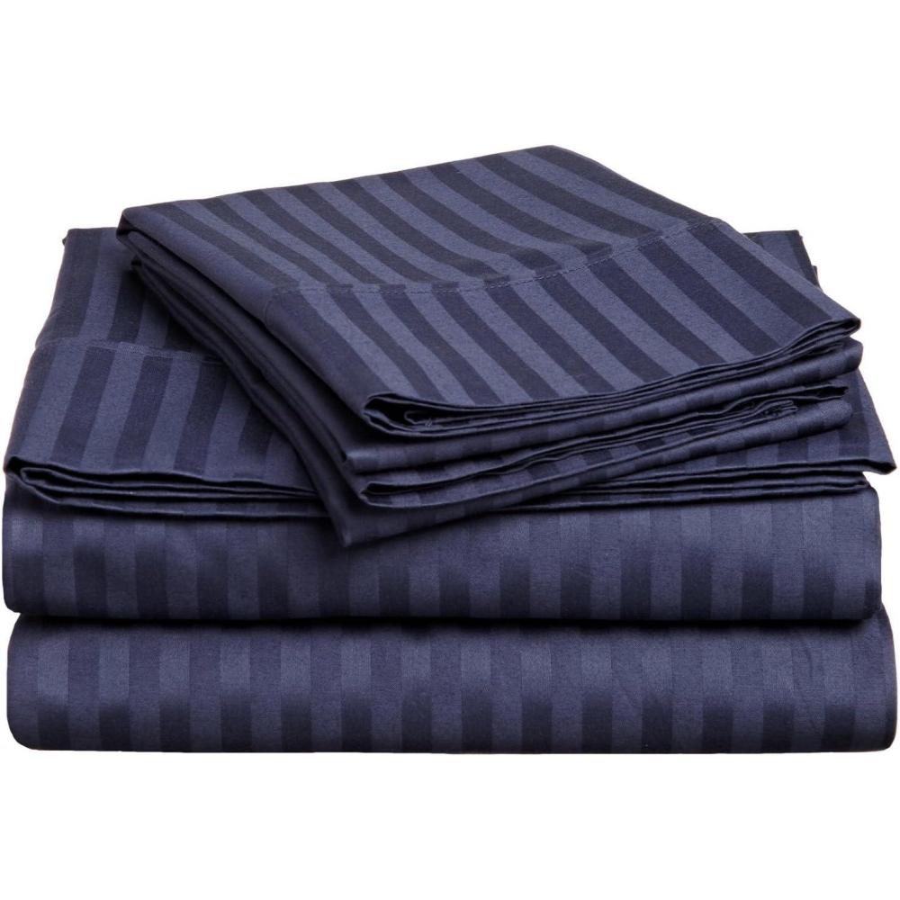imageSuperior 100 Egyptian Cotton 300 Thread Count Striped Bed Sheet Set 1 Elastic Deep Pocket Fitted Sheet 1 Flat Sheet 2 Pillowcases Soft Bedding Sateen Weave Hunter Green QueenNavy Blue