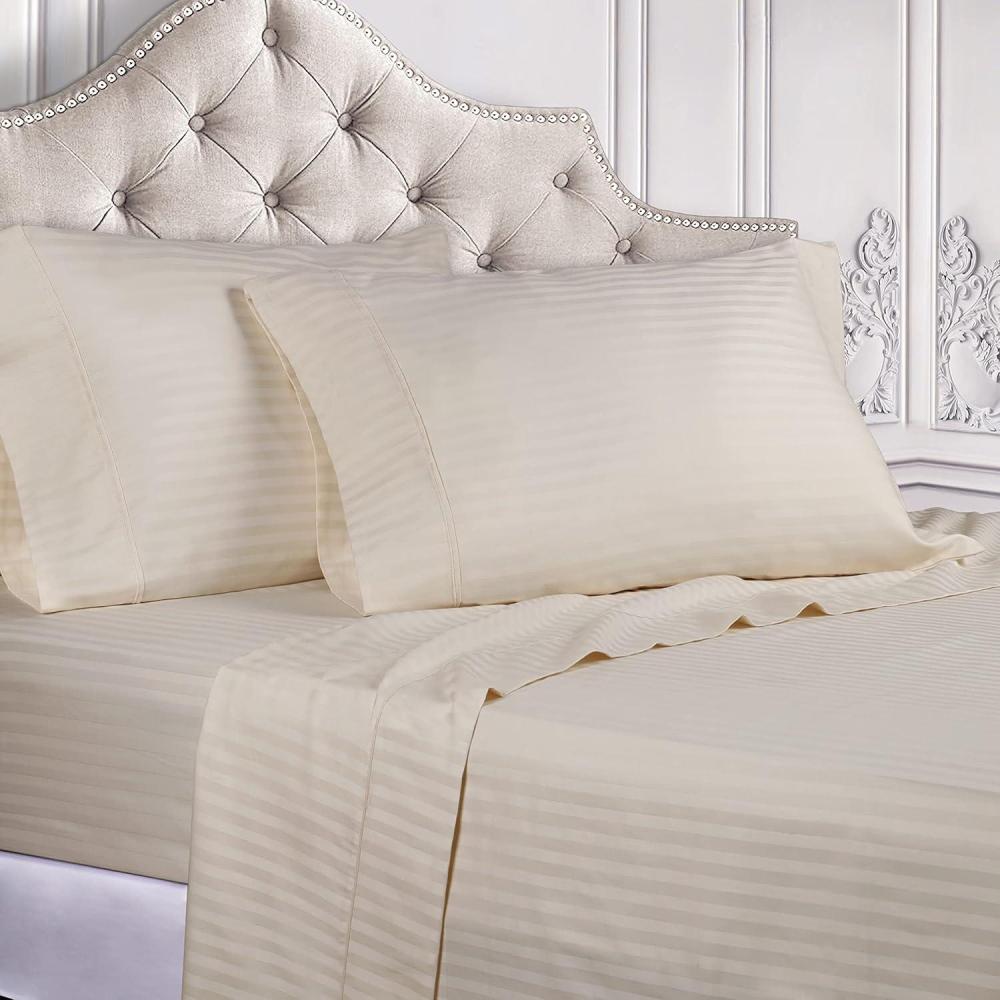 imageSuperior 100 Egyptian Cotton 300 Thread Count Striped Bed Sheet Set 1 Elastic Deep Pocket Fitted Sheet 1 Flat Sheet 2 Pillowcases Soft Bedding Sateen Weave Hunter Green QueenIvory