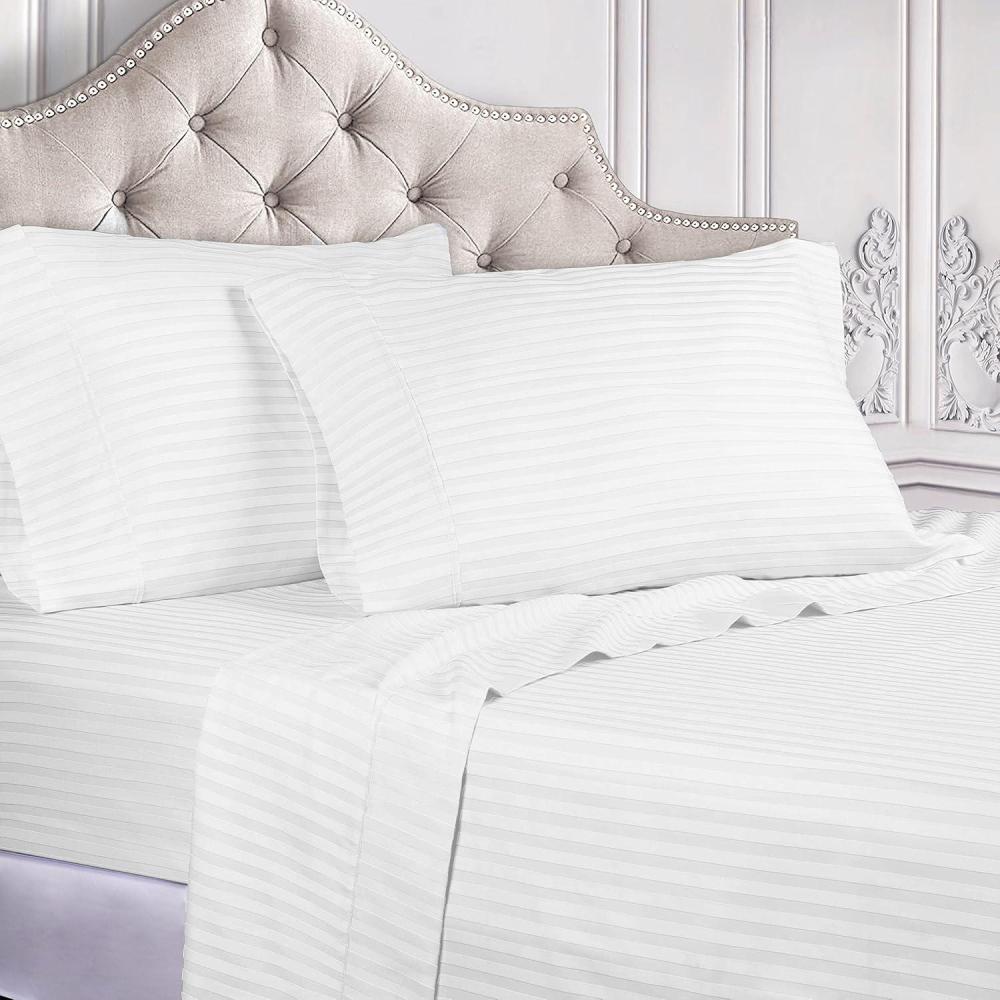 imageSuperior 100 Egyptian Cotton 300 Thread Count Striped Bed Sheet Set 1 Elastic Deep Pocket Fitted Sheet 1 Flat Sheet 2 Pillowcases Soft Bedding Sateen Weave Hunter Green QueenWhite