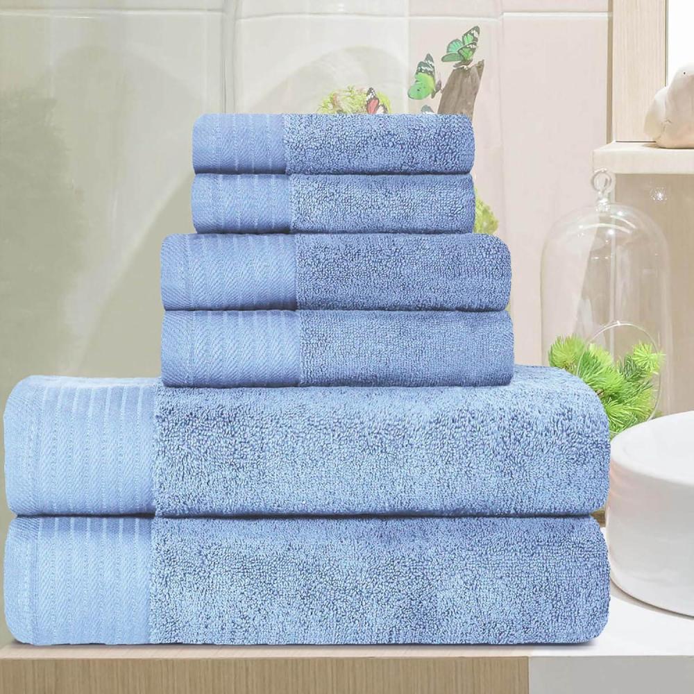 imageSuperior 100 Egyptian Cotton 500 GSM 6 Piece Towel Set 2 Face 2 Hand 2 Towels Ideal For Bathroom Kitchen or Beach Quick Dry Jacquard and Solid MidWeight CoralPacific Blue