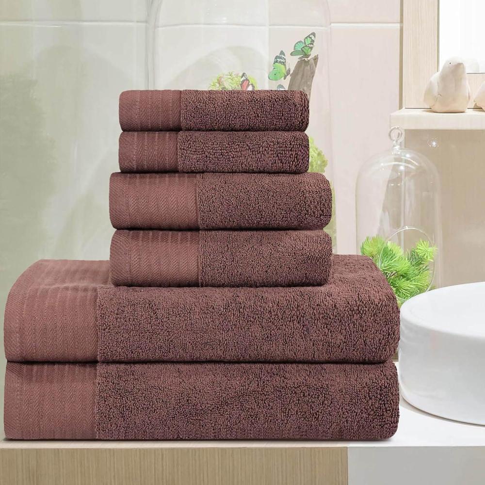 imageSuperior 100 Egyptian Cotton 500 GSM 6 Piece Towel Set 2 Face 2 Hand 2 Towels Ideal For Bathroom Kitchen or Beach Quick Dry Jacquard and Solid MidWeight CoralChocolate