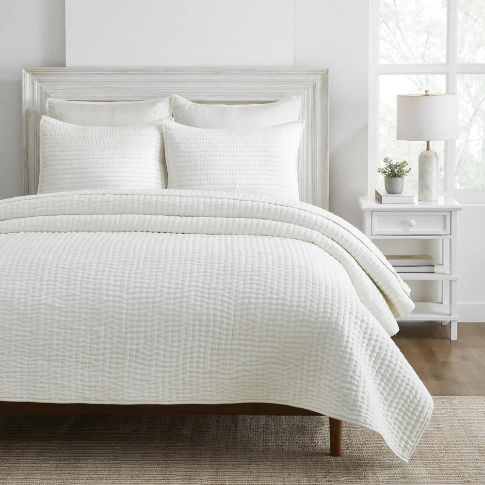 imageSuperior 100 Silk Pick Stitch 3Piece Quilt Set 1 Medium Weight AllSeason Coverlet 2 Pillow Shams Luxury Sets Handmade Comfy Home Bedding Cotton Fill Bella Collection Queen Size Light BrownOff White