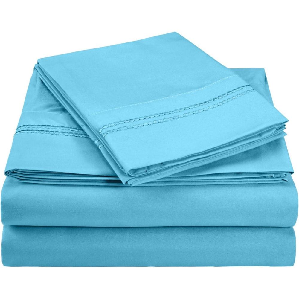 imageSuperior 2Line Bubble Embroidered Sheets Luxurious Silky Soft Light Weight Wrinkle Free Brushed Microfiber Twin Size 3 Piece Sheet Set TanAqua