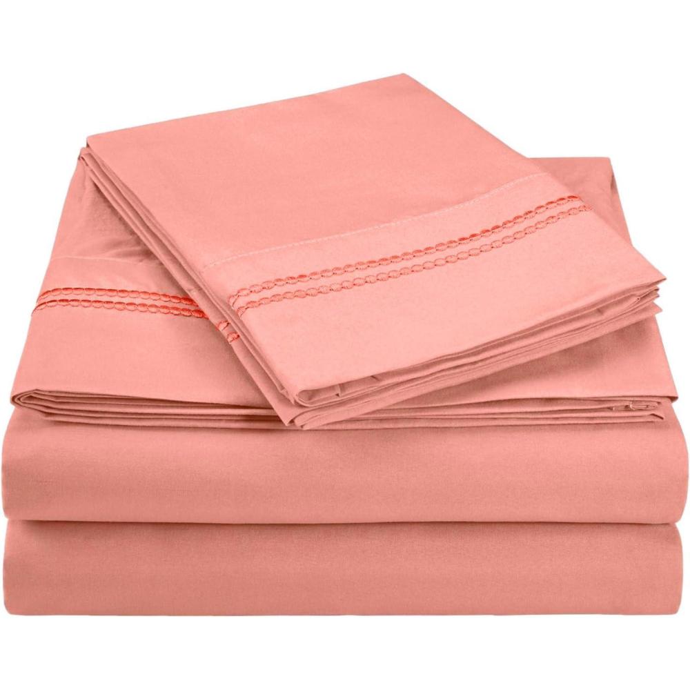 imageSuperior 2Line Bubble Embroidered Sheets Luxurious Silky Soft Light Weight Wrinkle Free Brushed Microfiber Twin Size 3 Piece Sheet Set TanBlossom