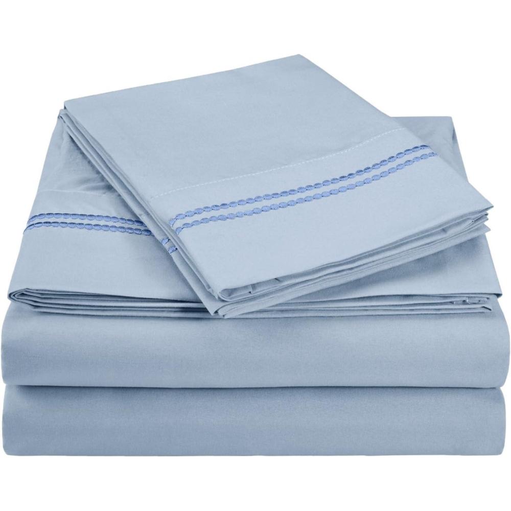 imageSuperior 2Line Bubble Embroidered Sheets Luxurious Silky Soft Light Weight Wrinkle Free Brushed Microfiber Twin Size 3 Piece Sheet Set TanLight Blue