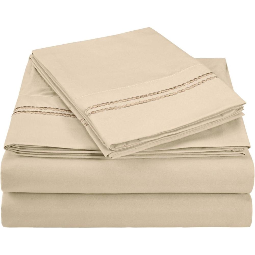 imageSuperior 2Line Bubble Embroidered Sheets Luxurious Silky Soft Light Weight Wrinkle Free Brushed Microfiber Twin Size 3 Piece Sheet Set TanTan