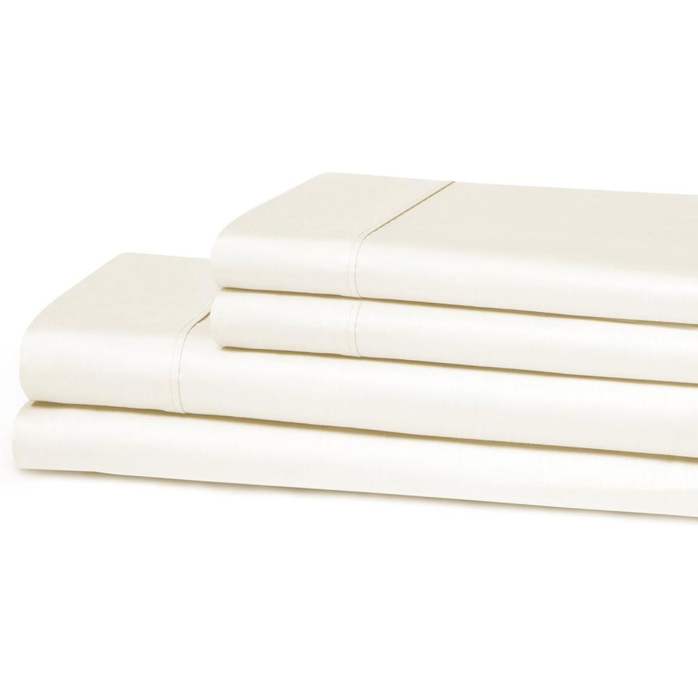 imageSuperior 300 Thread Count Cotton Sheets Modern Solid Deep Pocket Bed Sheets Lightweight 4 Piece Bed Sheet Set Includes One Flat One Fitted and Two Pillowcases Queen Navy BlueIvory