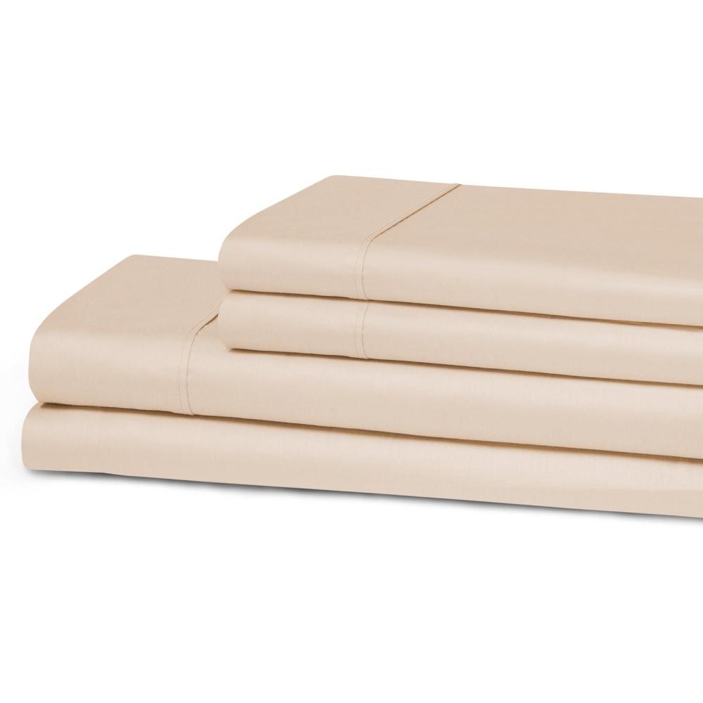 imageSuperior 300 Thread Count Cotton Sheets Modern Solid Deep Pocket Bed Sheets Lightweight 4 Piece Bed Sheet Set Includes One Flat One Fitted and Two Pillowcases Queen Navy BluePeach