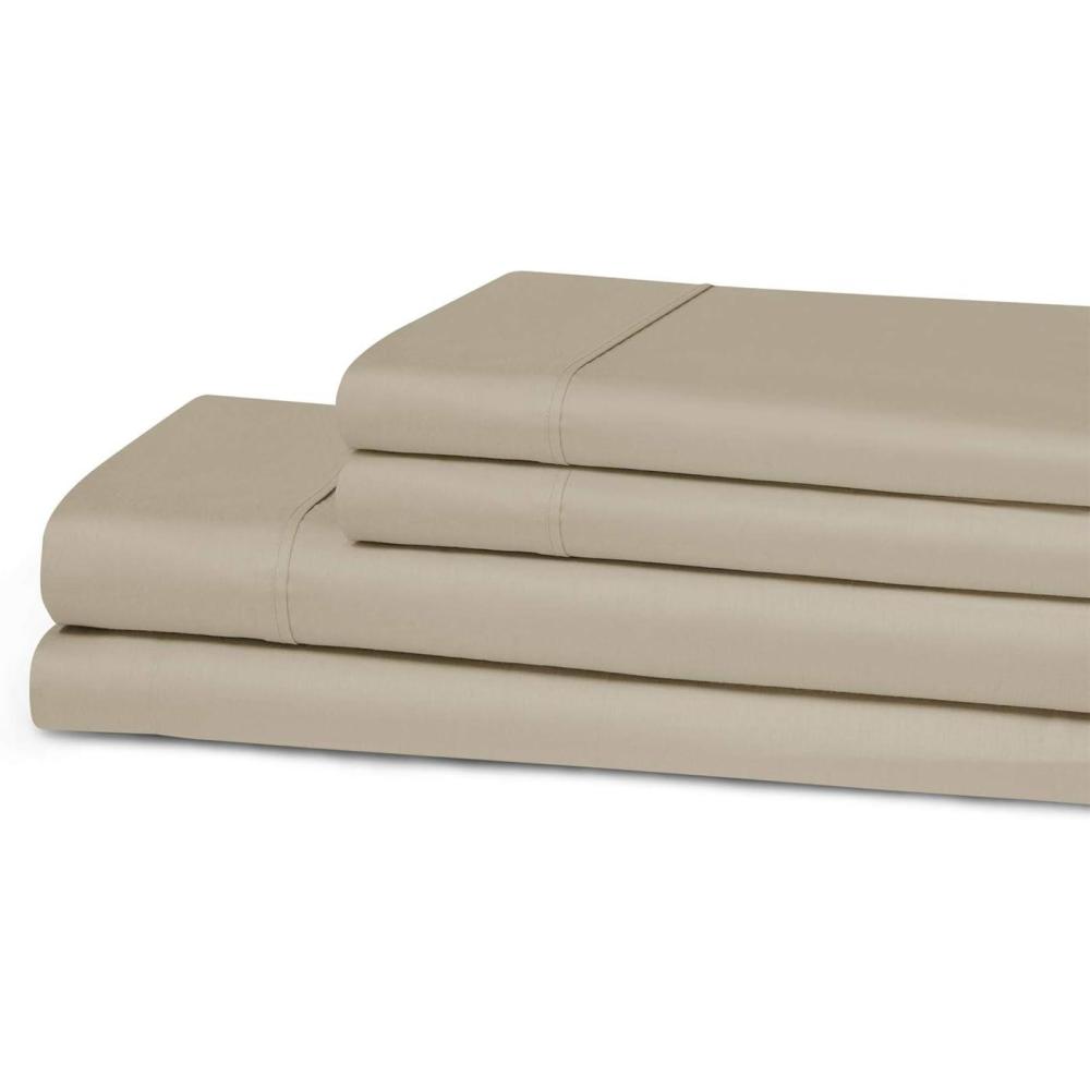 imageSuperior 300 Thread Count Cotton Sheets Modern Solid Deep Pocket Bed Sheets Lightweight 4 Piece Bed Sheet Set Includes One Flat One Fitted and Two Pillowcases Queen Navy BlueTan
