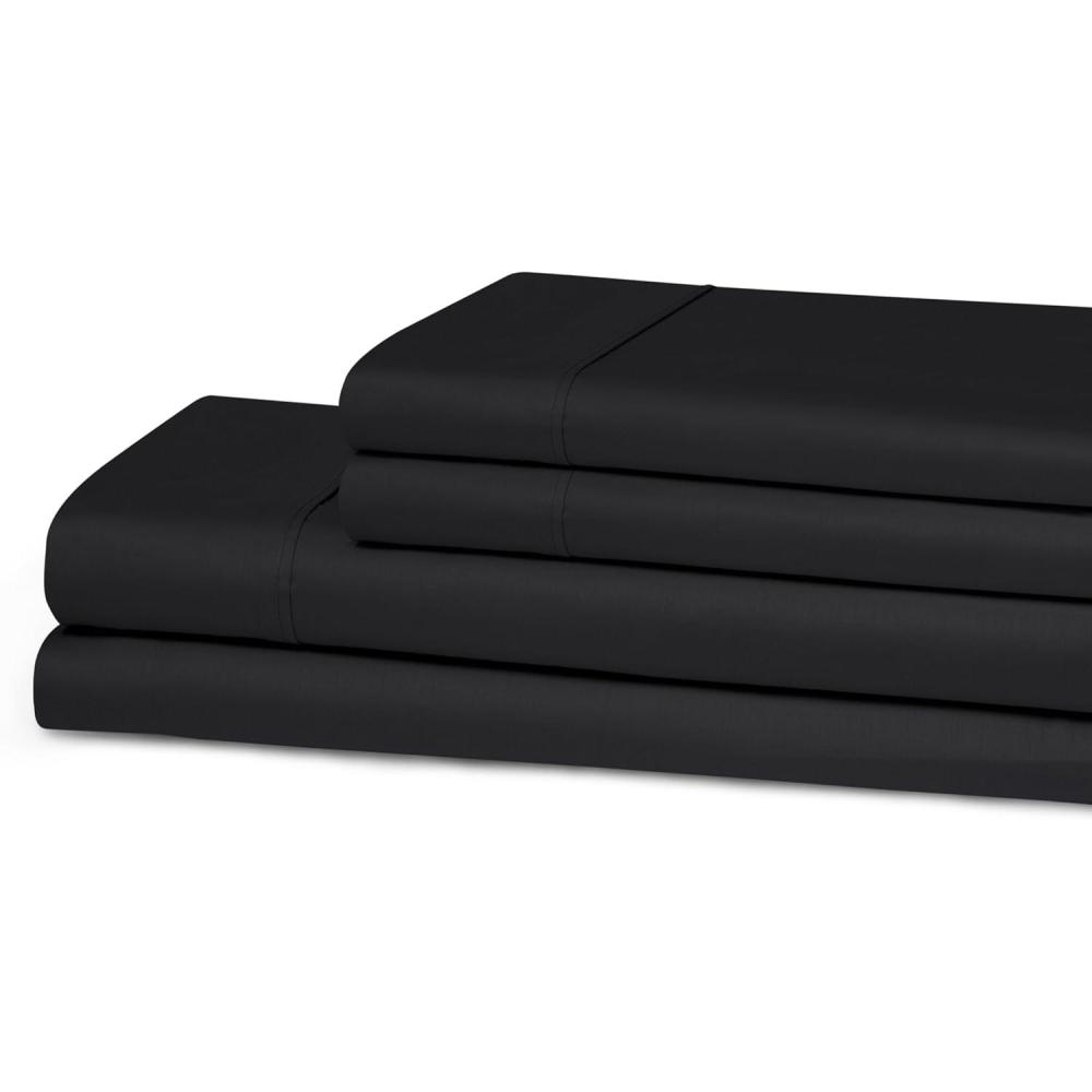 imageSuperior 300 Thread Count Cotton Sheets Modern Solid Deep Pocket Bed Sheets Lightweight 4 Piece Bed Sheet Set Includes One Flat One Fitted and Two Pillowcases Queen Navy BlueBlack