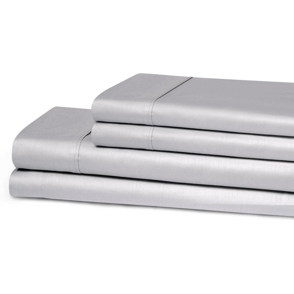 imageSuperior 300 Thread Count Cotton Sheets Modern Solid Deep Pocket Bed Sheets Lightweight 4 Piece Bed Sheet Set Includes One Flat One Fitted and Two Pillowcases Queen Navy BlueLight Grey