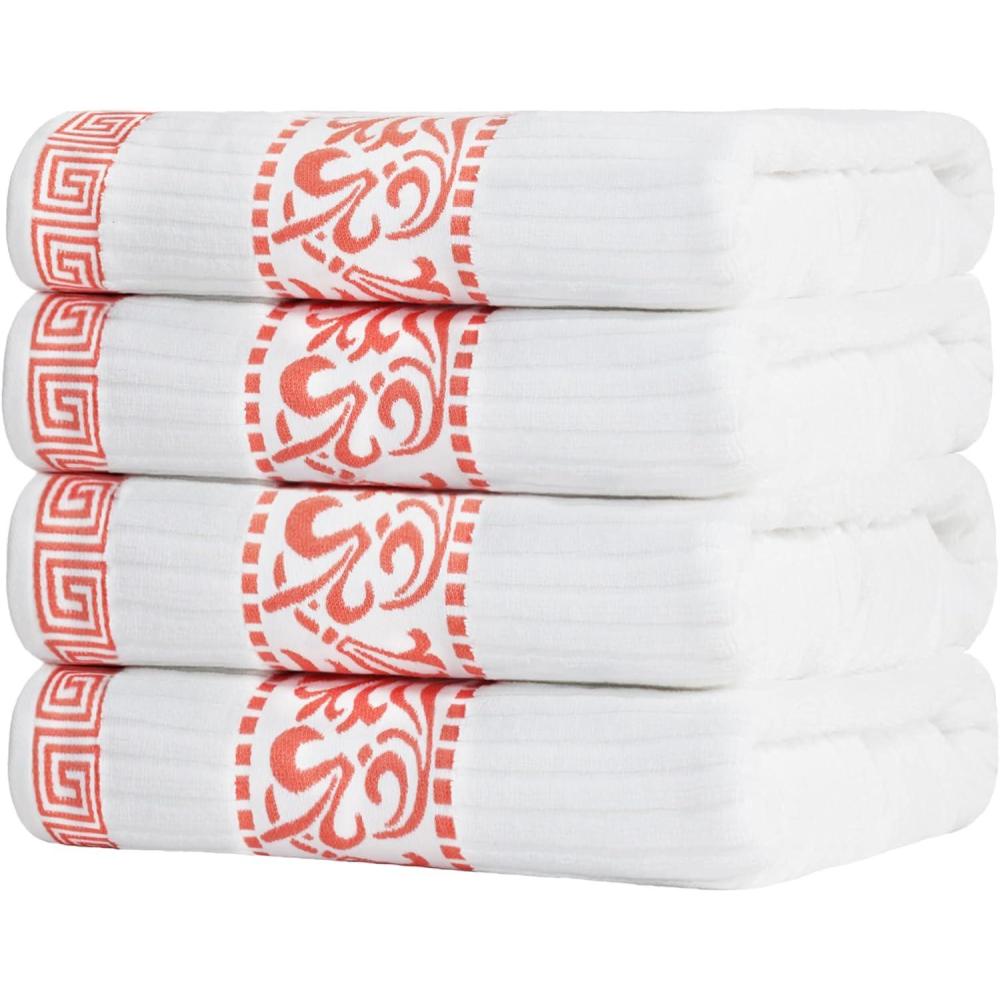 imageSuperior 6Piece Cotton Towel Set Decorative Greek Pattern Home Essentials Absorbent Towels Bathroom Decor Spa Resort Includes 2 Hand 2 Face and 2 Bath Towels Athens Collection GreyCoral