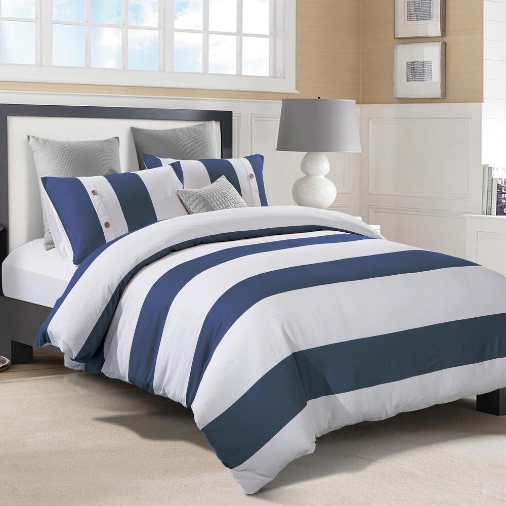 imageSuperior Addison Cotton 300 Thread Count Duvet Cover Set Comforter Cover Bed Essentials Coastal Striped Decor Includes 1 Duvet Cover with Button Closure 2 Pillow Shams KingCalifornia KingFullQueen