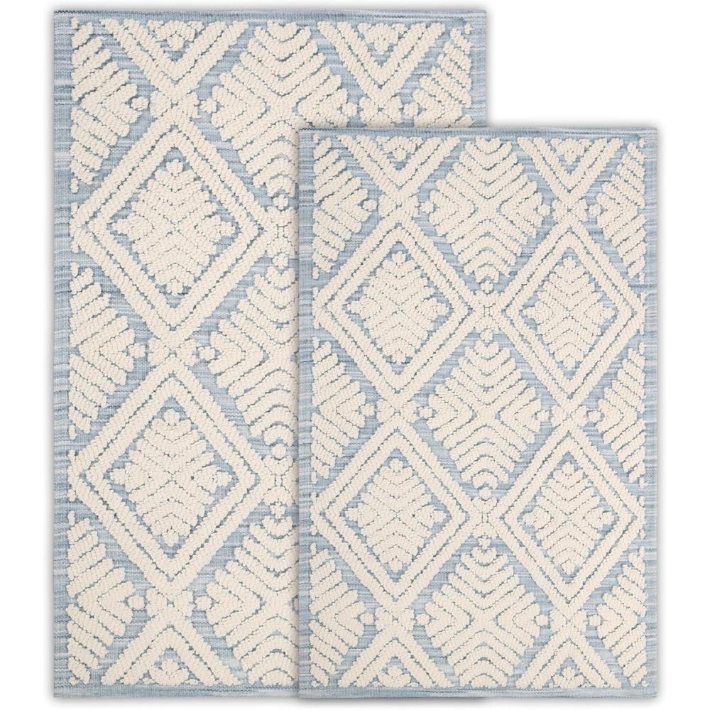 imageSuperior Bath Rug Set Small Area Rugs for Bathroom Kitchen Decor Machine Washable NonSlip Bathmat Rug HighLow Jacquard Mat Geometric Diamond Accent Brou Collection Set of 2 Medium IvoryBlue  Cton
