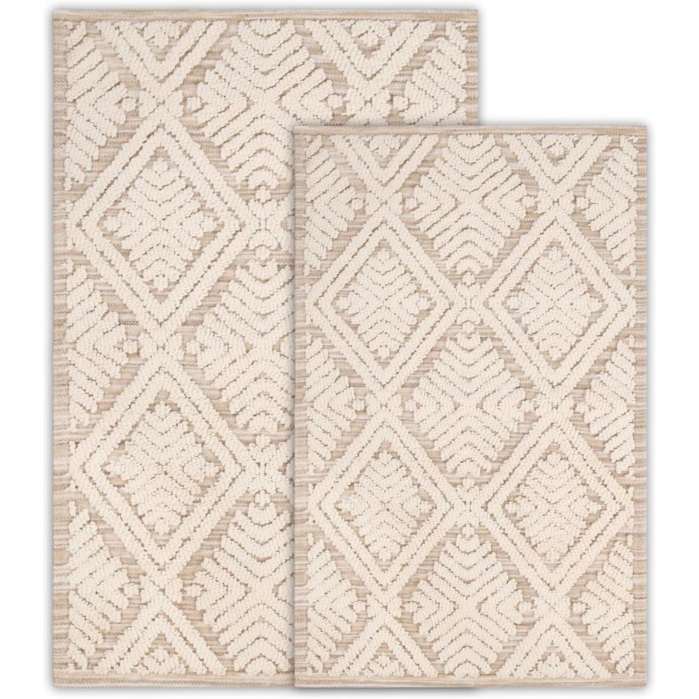 imageSuperior Bath Rug Set Small Area Rugs for Bathroom Kitchen Decor Machine Washable NonSlip Bathmat Rug HighLow Jacquard Mat Geometric Diamond Accent Brou Collection Set of 2 Medium IvoryBeige  Cton