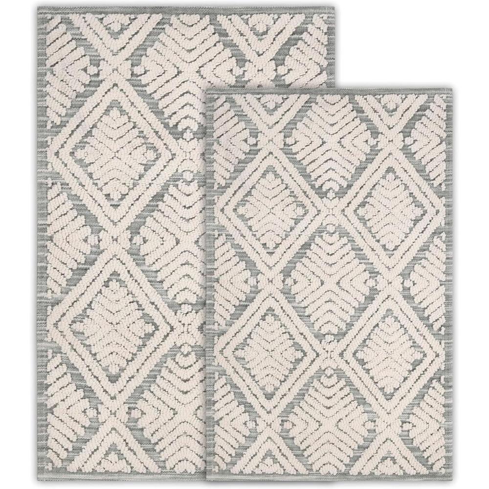 imageSuperior Bath Rug Set Small Area Rugs for Bathroom Kitchen Decor Machine Washable NonSlip Bathmat Rug HighLow Jacquard Mat Geometric Diamond Accent Brou Collection Set of 2 Medium IvorySage  Cton