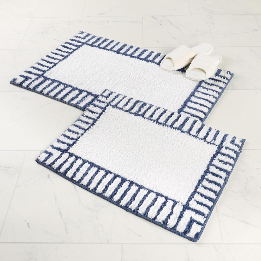 imageSuperior Bath Rug Set Small Area Rugs for Bathroom Kitchen Decor Machine Washable NonSlip Bathmat Rugs Fluffy Tufted Shag Striped Accent Rug Inaya Collection Set of 2 Large WhiteGreyWhite  Navy